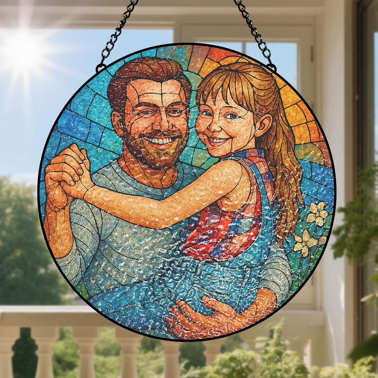 Personalized Photo Stained Glass Suncatcher, Custom Family Portrait Window Hanging Ornament, Picture Window Suncatcher Home Decoration, Grandpa Father Gifts (Sun-135)