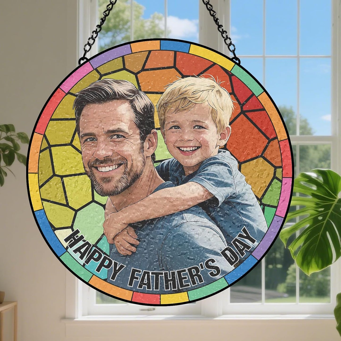 Personalized Stained Glass Suncatcher, Custom Gifts for Fathers Day, Photo Family Portrait Window Ornament, Heartfelt Gifts with Picture for Dad Grandpa Husband (Sun-137)
