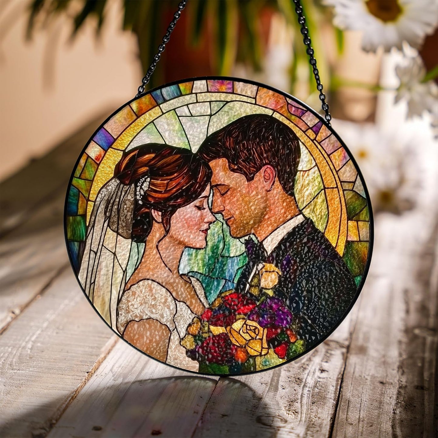 Personalized Couples Photo Faux Stained Glass Suncatcher, Wedding Photo Glass Suncatcher, Anniversary Gift, Wedding Gift (Sun-138)
