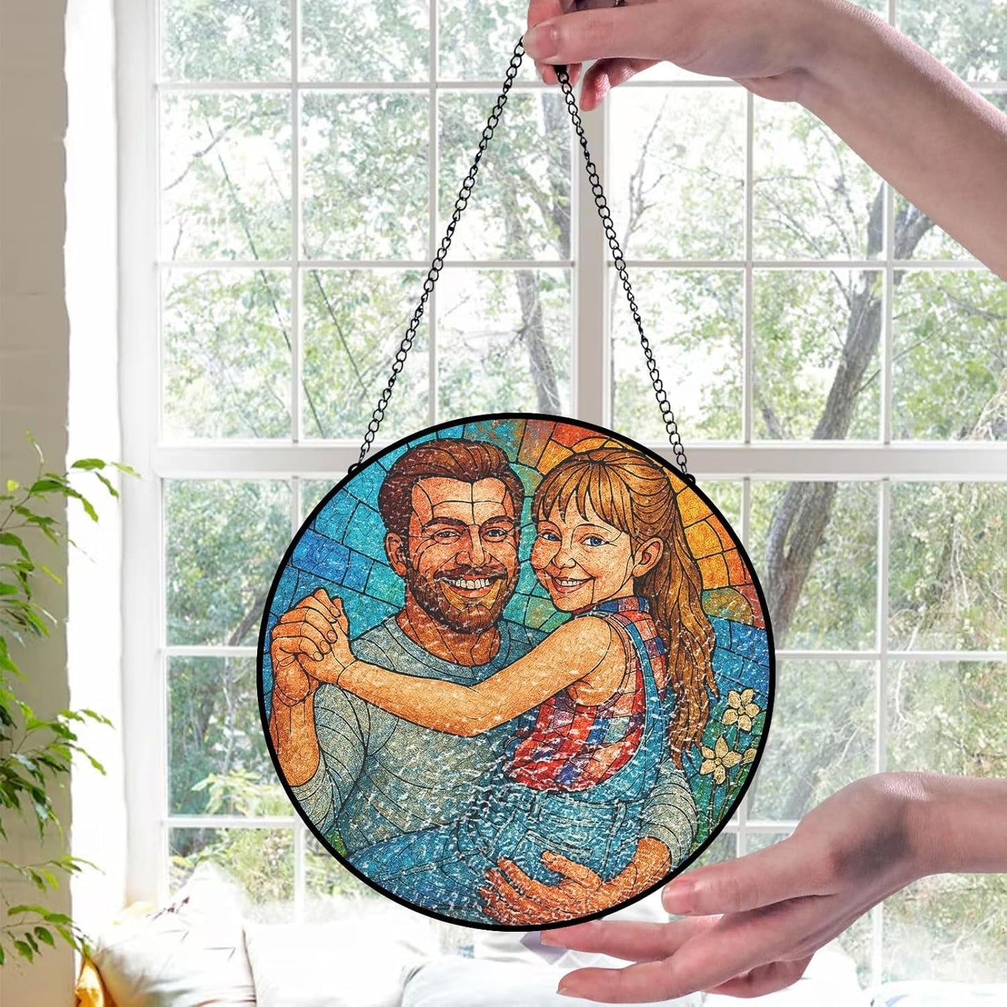 Personalized Photo Stained Glass Suncatcher, Custom Family Portrait Window Hanging Ornament, Picture Window Suncatcher Home Decoration, Grandpa Father Gifts (Sun-135)