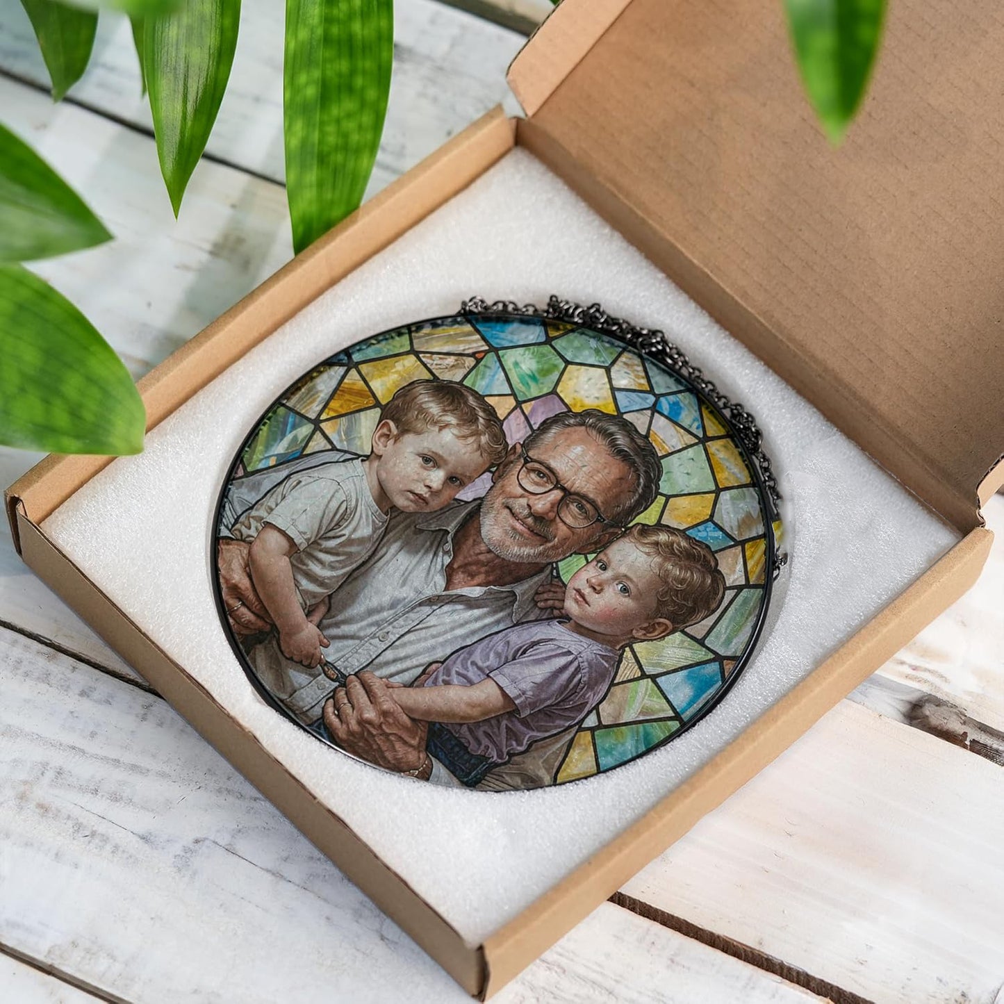 Personalized Dad Stained Glass Suncatcher, Photo Family Portrait Faux Window Hanging Ornament, Custom Photo Gift for Dad from Son Daughter (Sun-136)