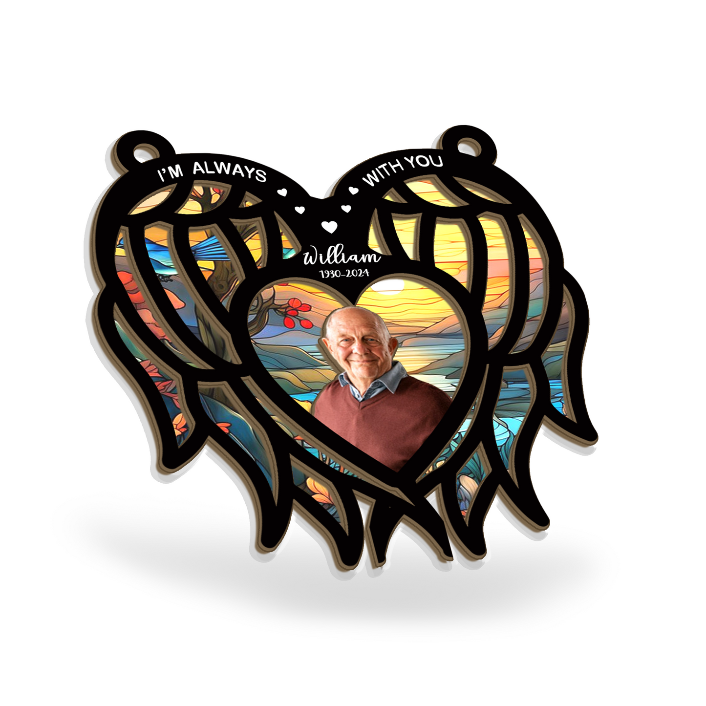 Personalized Memorial Hanging Suncatcher β Angel Wings Heart Design with Photo for Loss of Loved One (H-Sun-19)