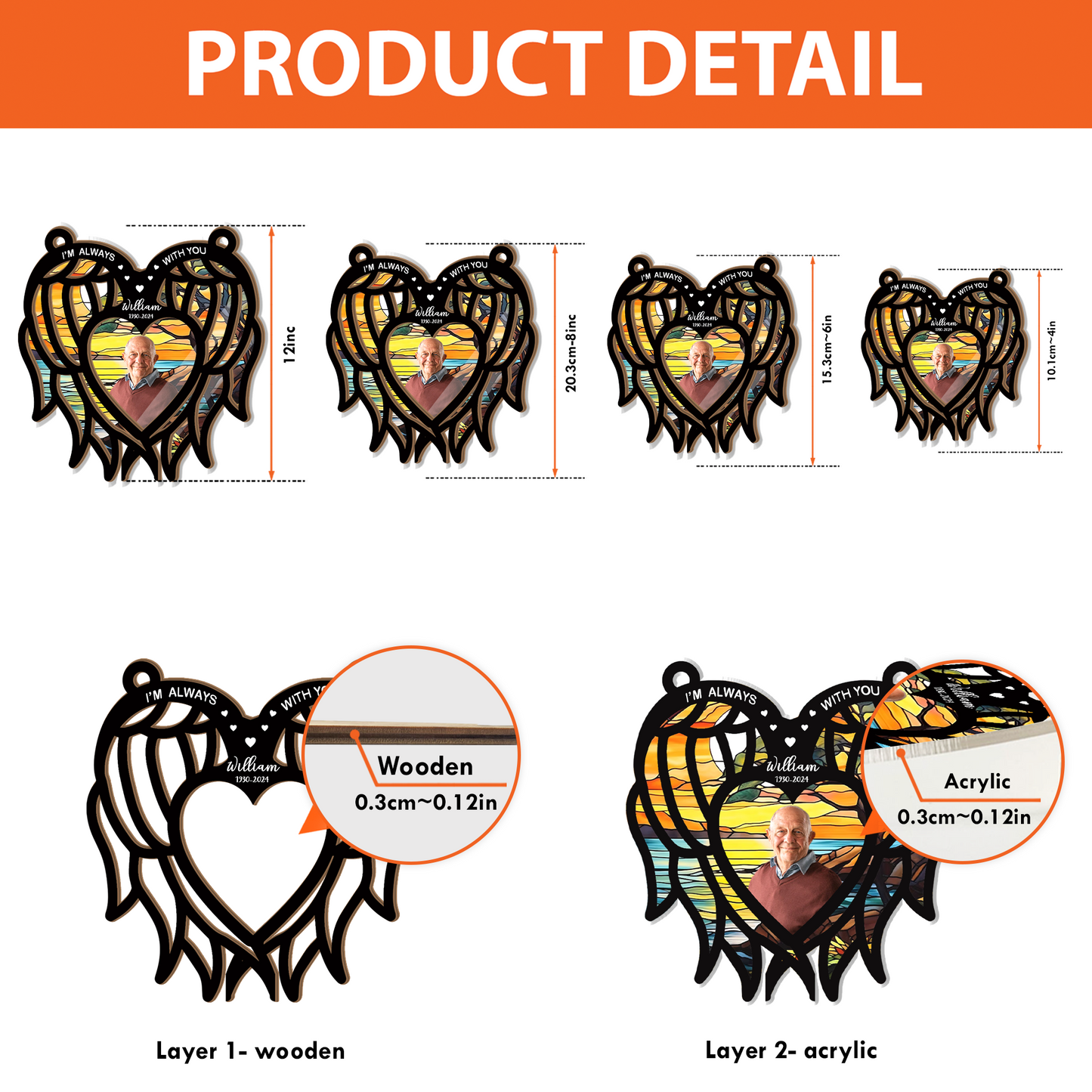 Personalized Memorial Hanging Suncatcher β Angel Wings Heart Design with Photo for Loss of Loved One (H-Sun-19)