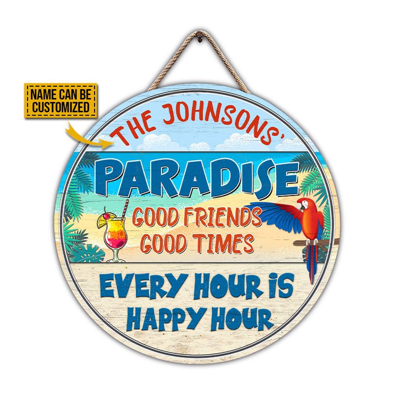 Beach Parrot Paradise Happy Hour, Beach House, Outdoor Bar Decor, Custom Wood Circle Sign
