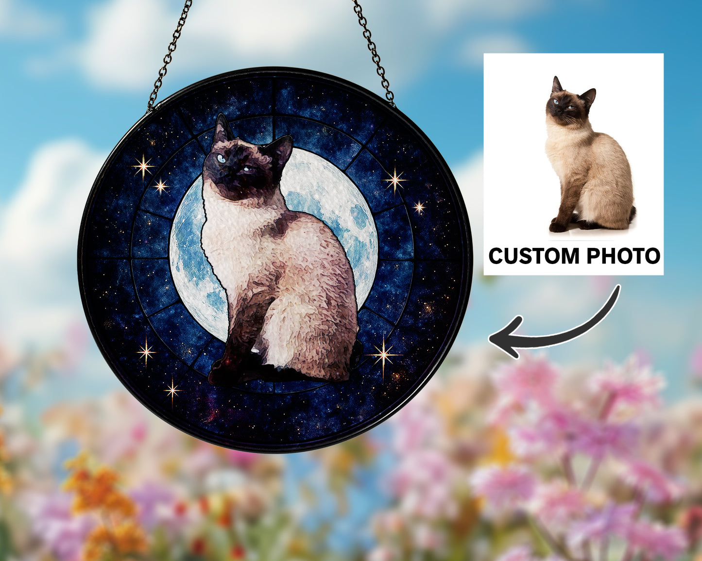 Cat Glass Ornaments, Paradise Cat Window Ornaments, Stained Glass Moon and Star Ornaments, Gifts for Cat Lovers (Sun-107)
