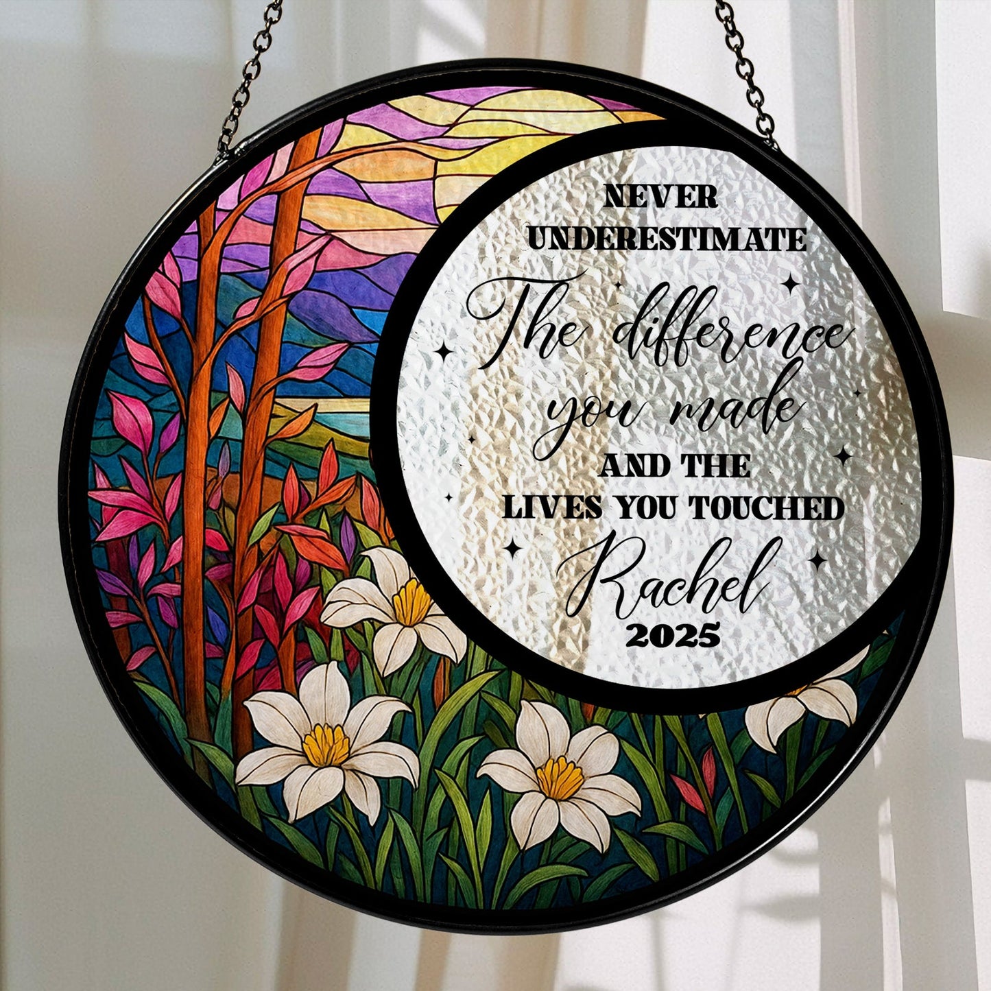 Personalized Inspirational Glass Suncatcher, Retirement Gift for Teacher or Mentor, Never Underestimate the Difference Quote, Custom Name and Year (Sun-108)