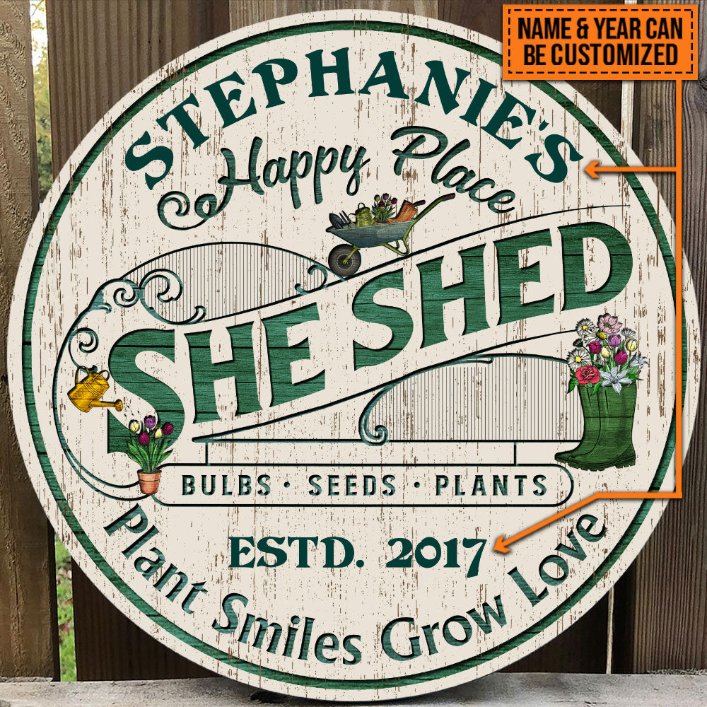 Personalized Garden She Shed Plant Smiles Grow Love Customized Wood Circle Sign