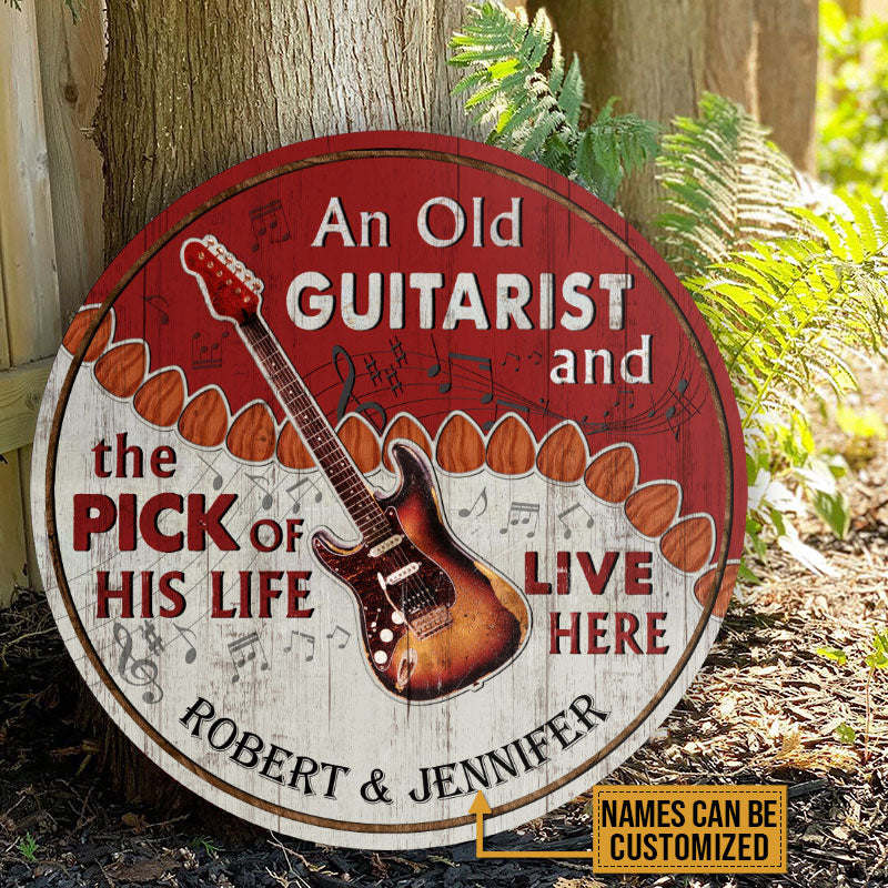 Personalized Guitar Old Couple Live Here Red Customized Wood Circle Sign