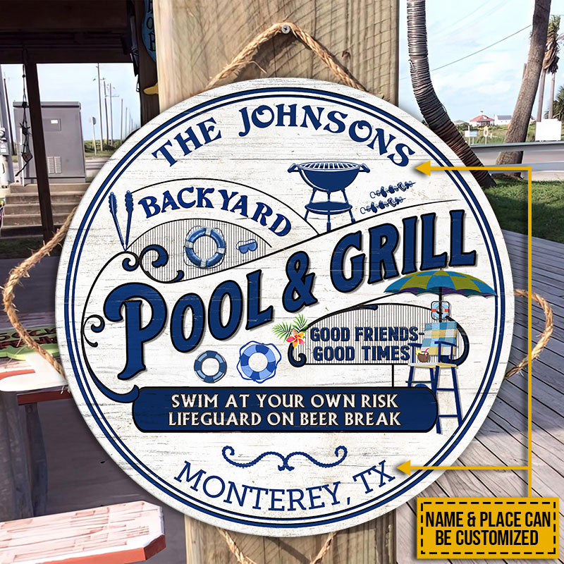 Personalized Pool Grilling Backyard At Your Own Risk Custom Wood Circle Sign