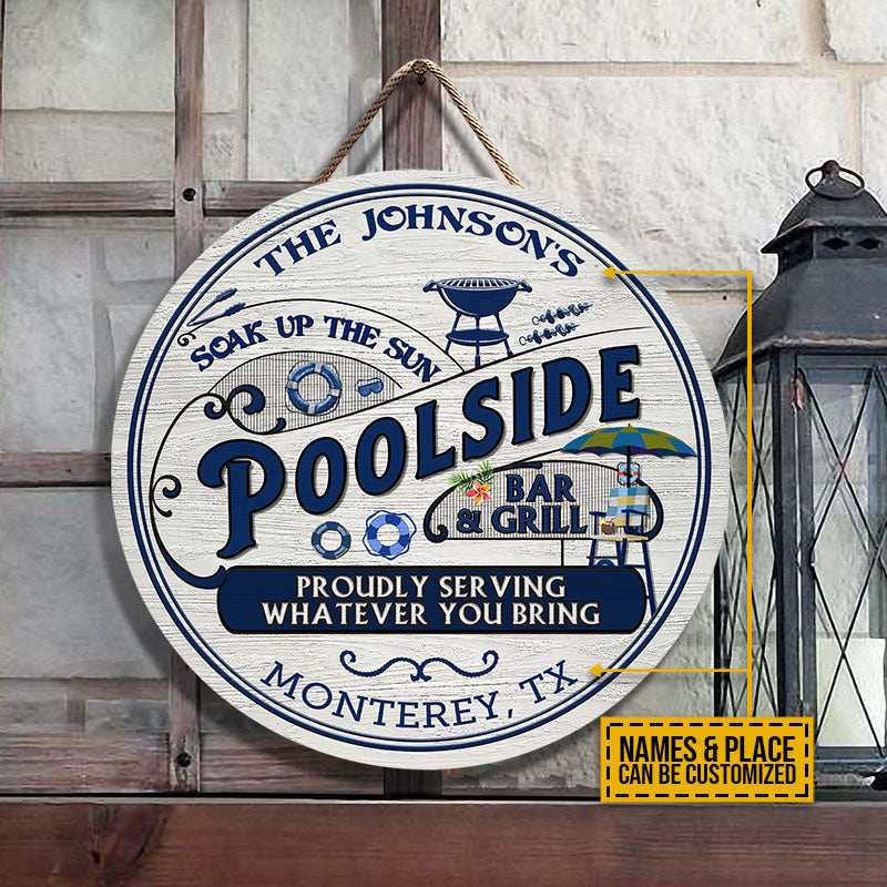 Personalized Pool Poolside Bar & Grill Custom Wood Circle Sign