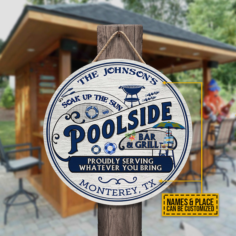 Personalized Pool Poolside Bar & Grill Custom Wood Circle Sign