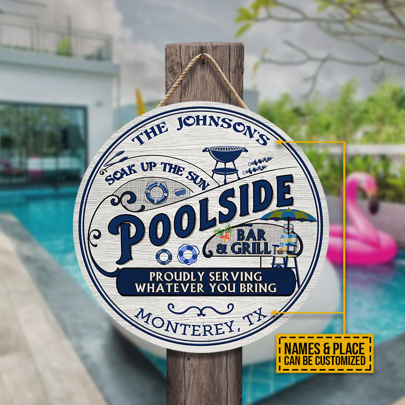 Personalized Pool Poolside Bar & Grill Custom Wood Circle Sign