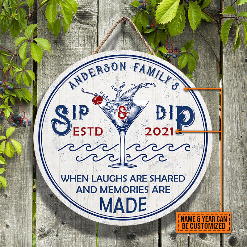 Personalized Swimming Pool Sip And Dip Customized Wood Circle Sign