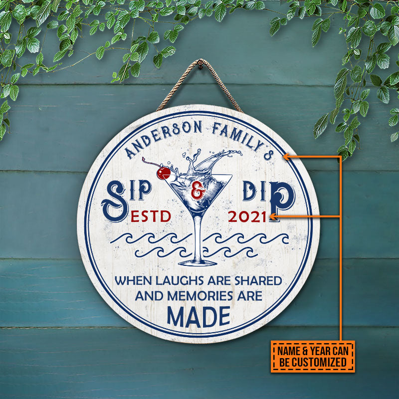 Personalized Swimming Pool Sip And Dip Customized Wood Circle Sign