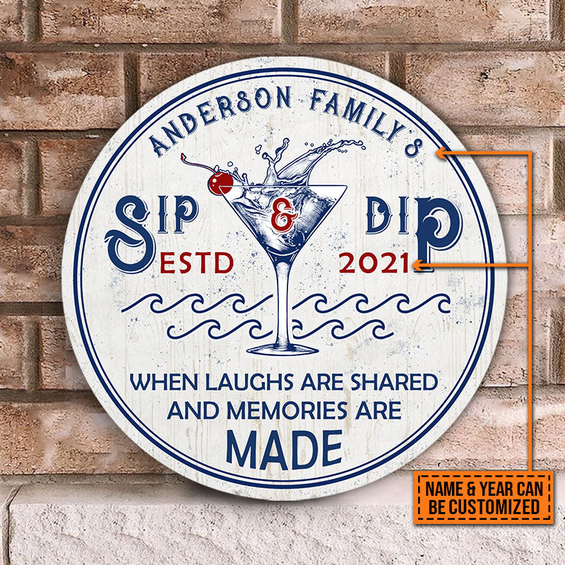 Personalized Swimming Pool Sip And Dip Customized Wood Circle Sign