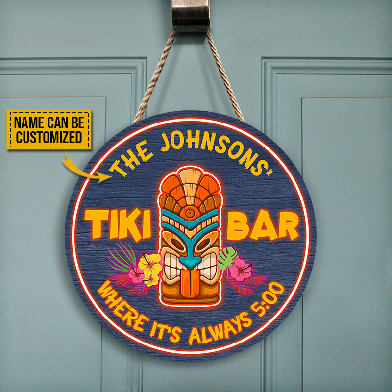 Personalized Tiki Bar Always 5 O'Clock Neon Custom Wood Circle Sign