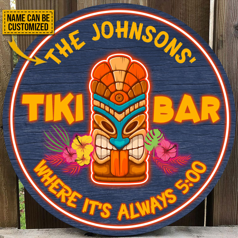 Personalized Tiki Bar Always 5 O'Clock Neon Custom Wood Circle Sign