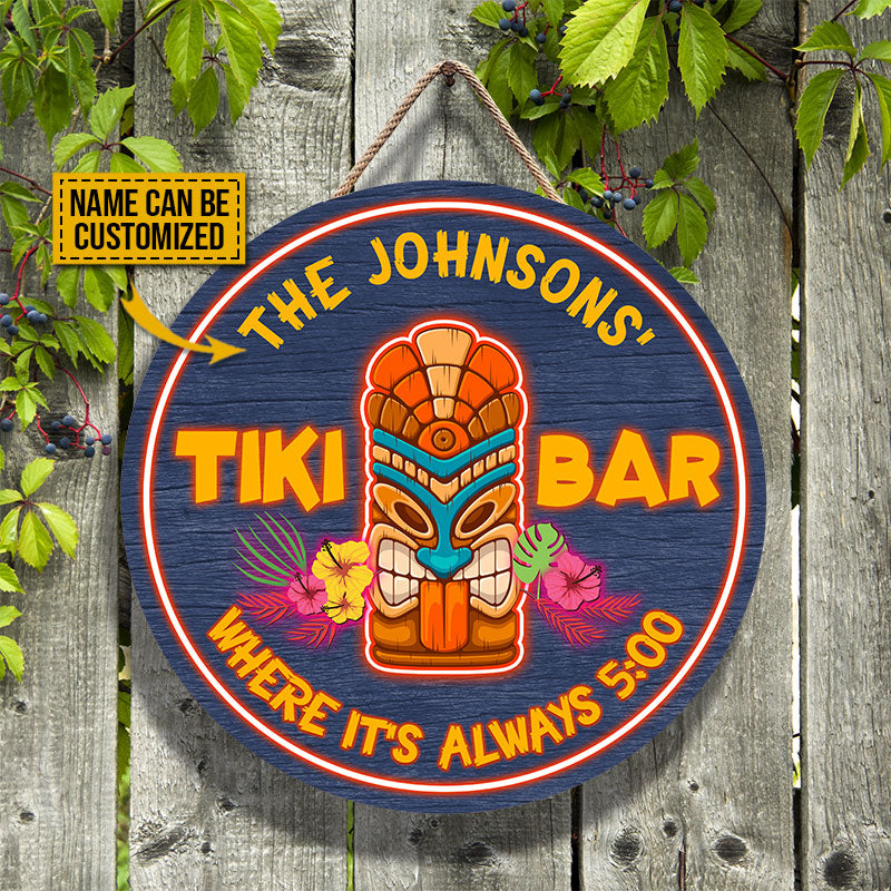 Personalized Tiki Bar Always 5 O'Clock Neon Custom Wood Circle Sign