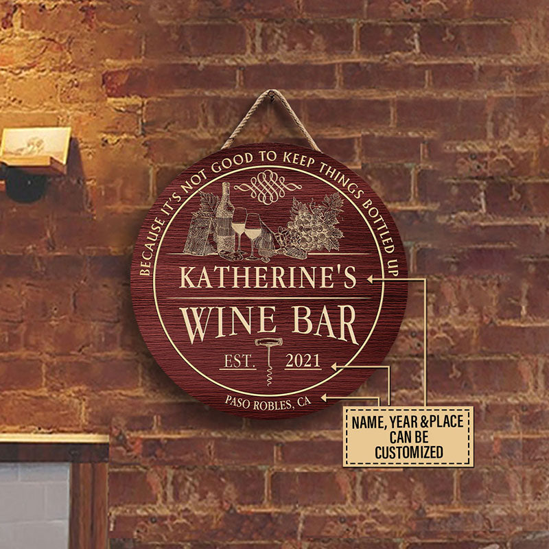 Personalized Wine Bar Bottled Up Customized Wood Circle Sign