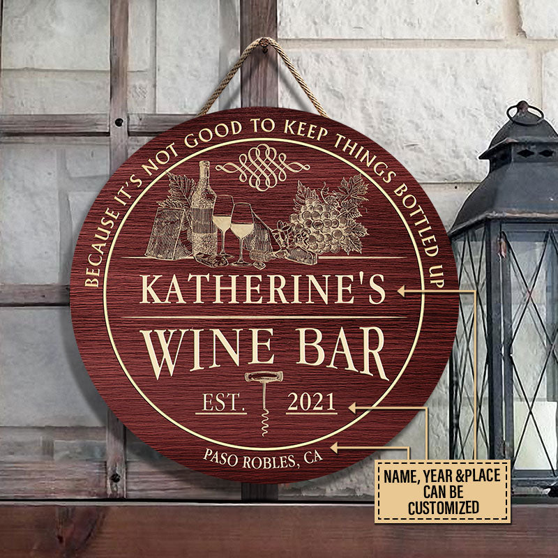 Personalized Wine Bar Bottled Up Customized Wood Circle Sign