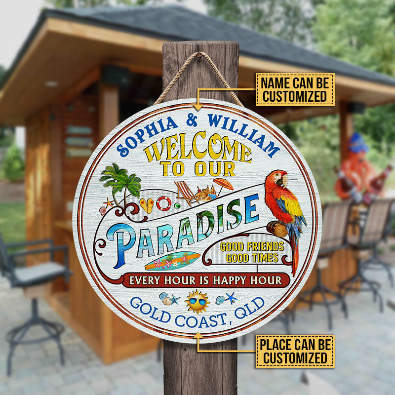 Personalized Beach Surfing Our Paradise Customized Wood Circle Sign