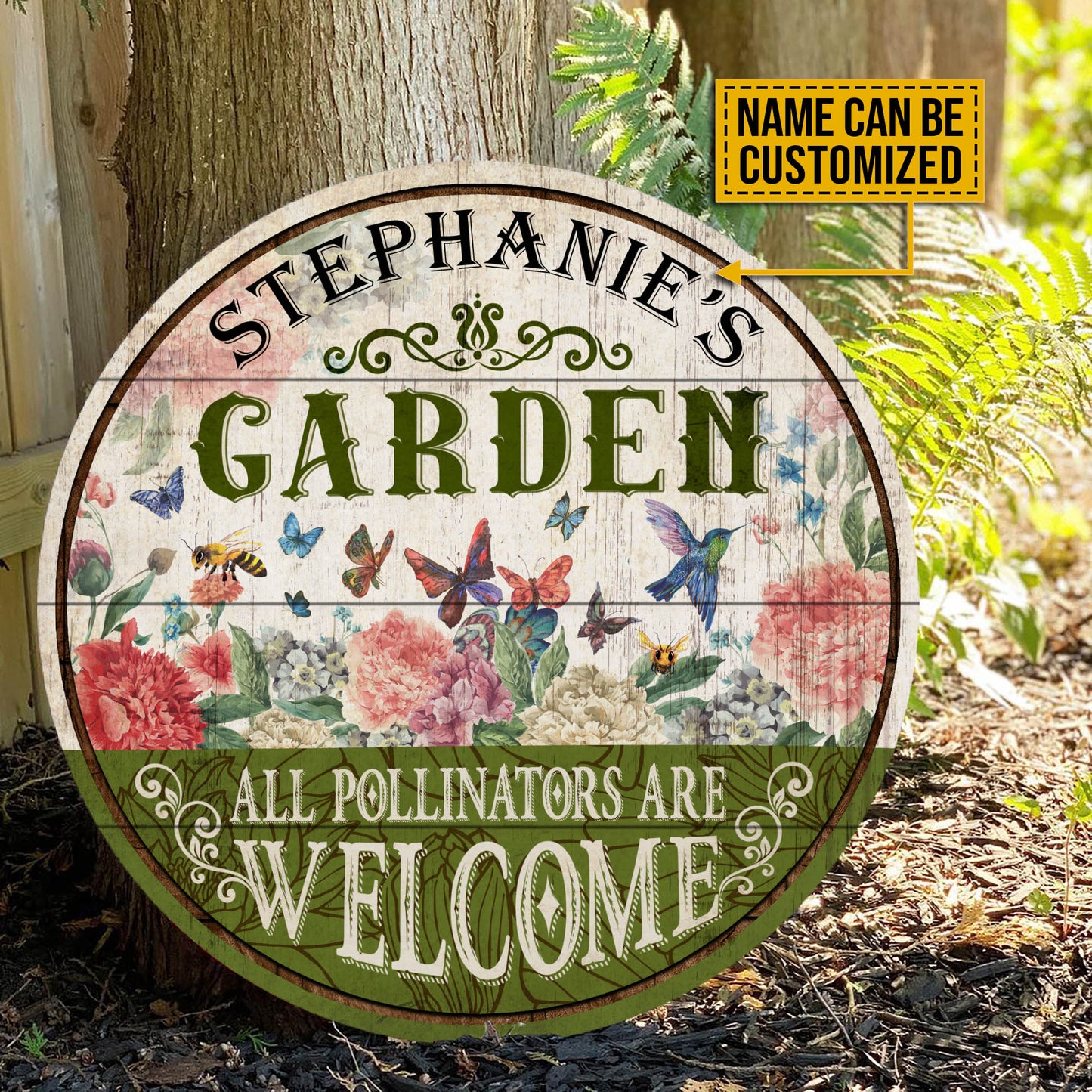 Personalized Garden Pollinators Welcome Customized Wood Circle Sign