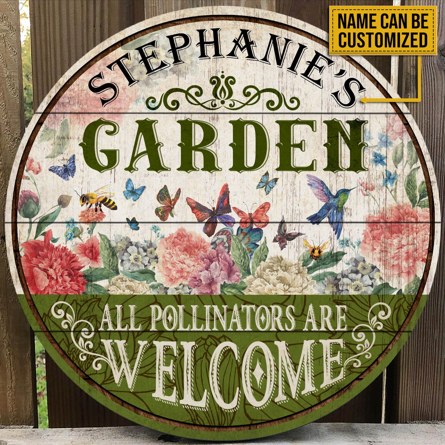 Personalized Garden Pollinators Welcome Customized Wood Circle Sign