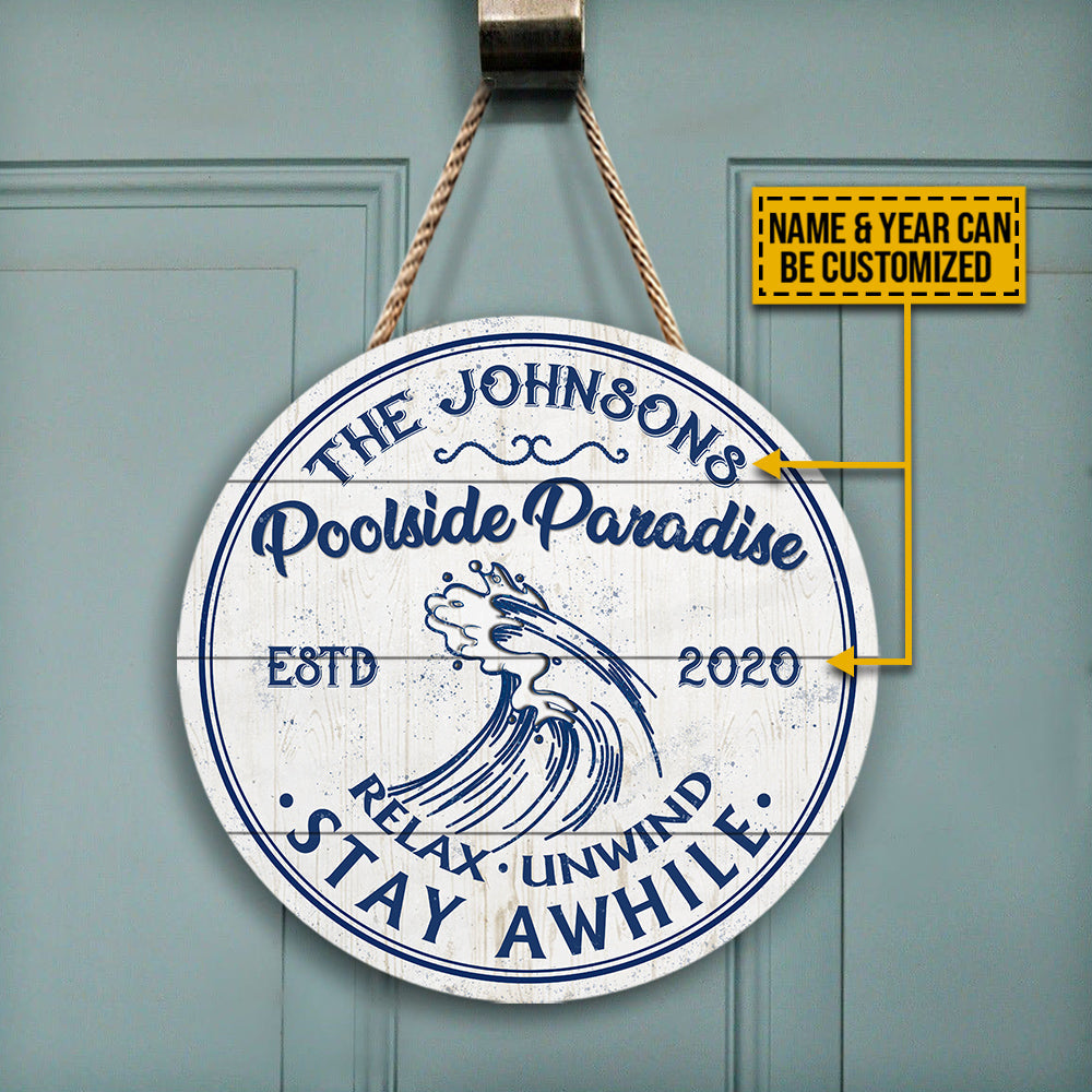 Personalized Swimming Poolside Paradise Customized Wood Circle Sign