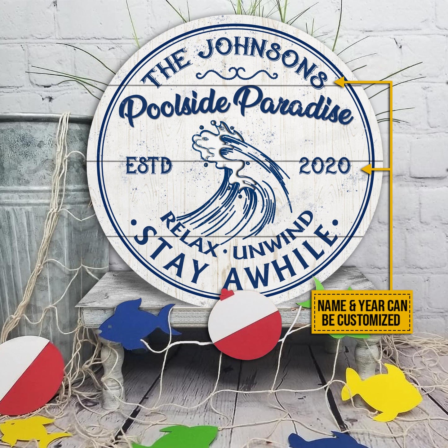 Personalized Swimming Poolside Paradise Customized Wood Circle Sign