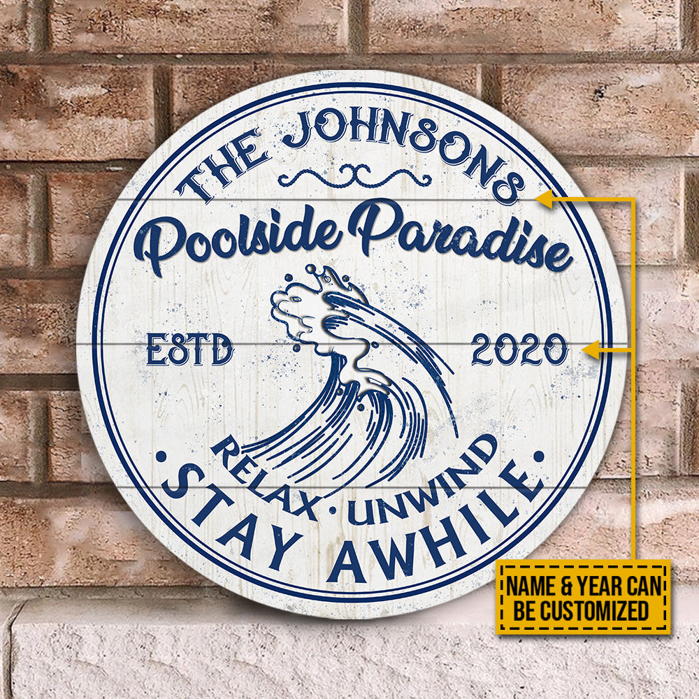 Personalized Swimming Poolside Paradise Customized Wood Circle Sign