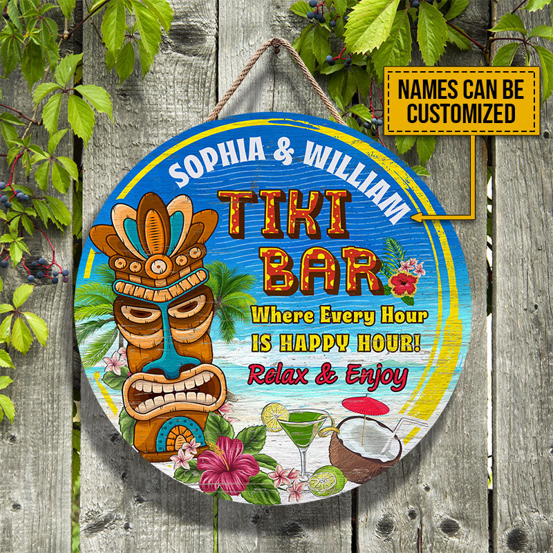 Personalized Tiki Bar Happy Hour Customized Wood Circle Sign