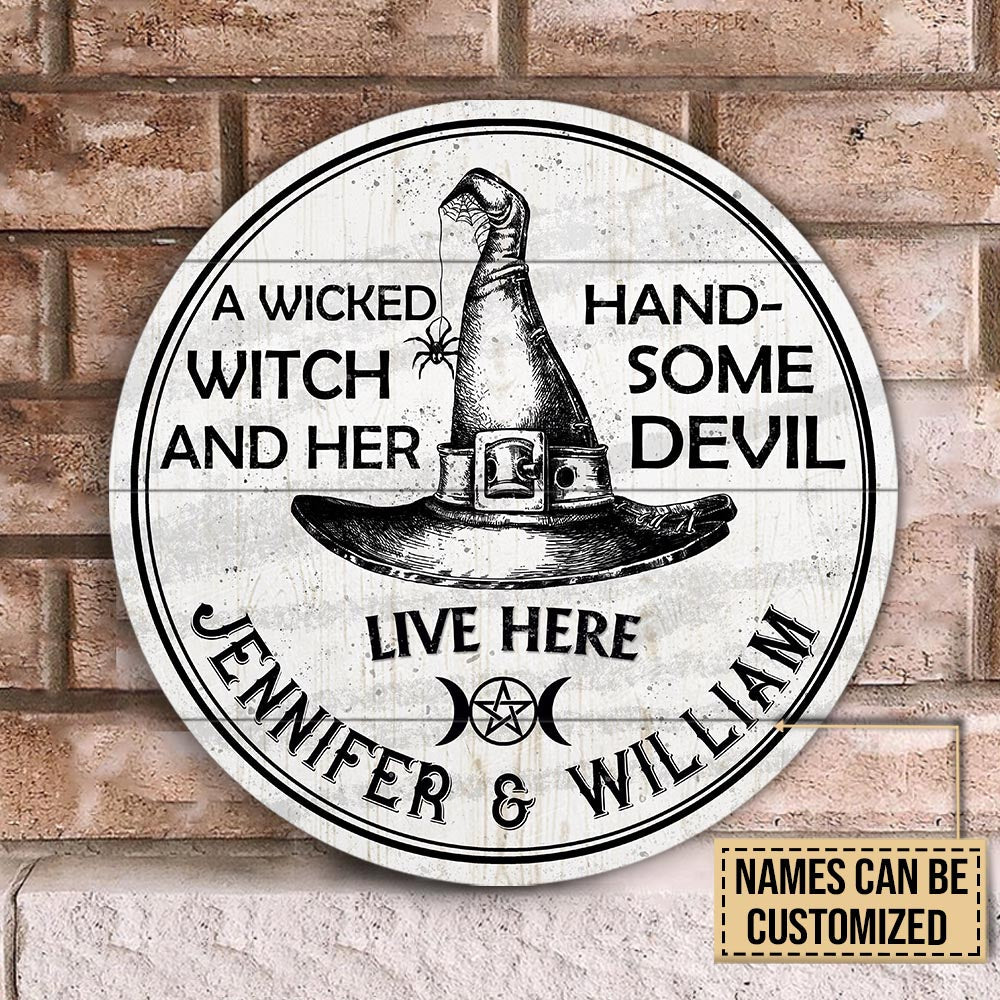Personalized Witch Handsome Devil Customized Wood Circle Sign