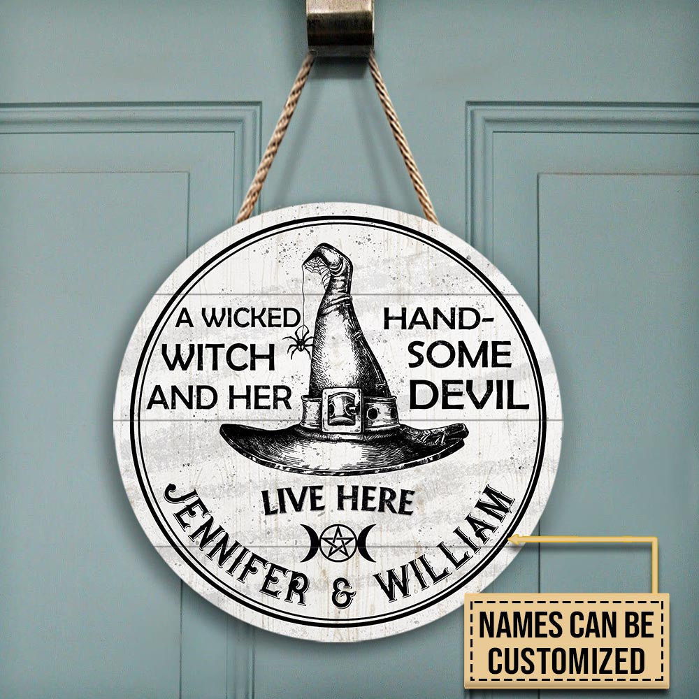 Personalized Witch Handsome Devil Customized Wood Circle Sign