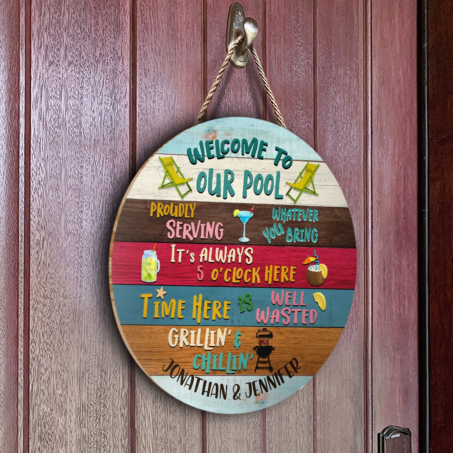Proudly Serving Whatever Swimming Pool Decor Personalized Custom Wood Circle Sign