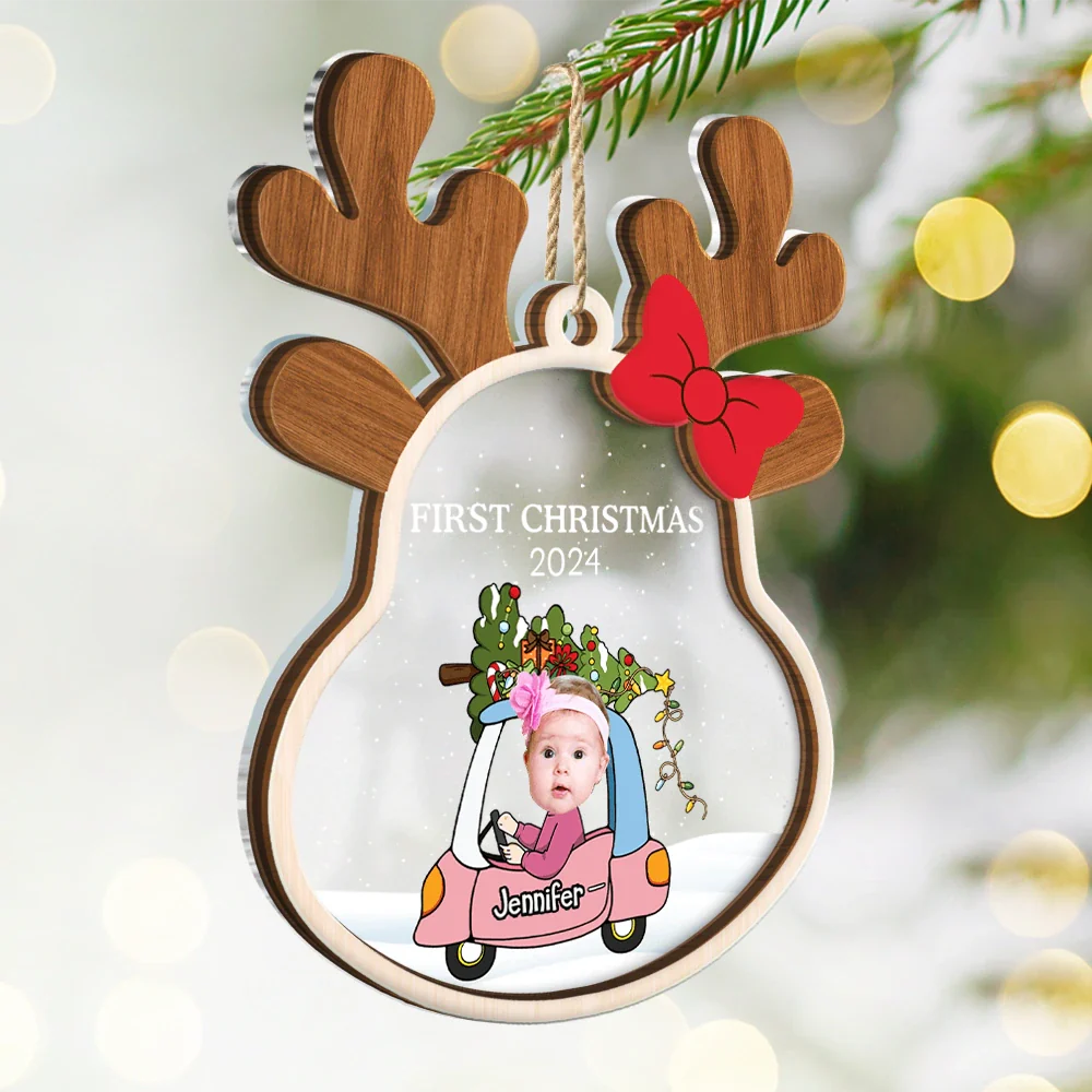 Custom Photo Reindeer Baby First Christmas - Personalized 2-Layered Mix Ornament