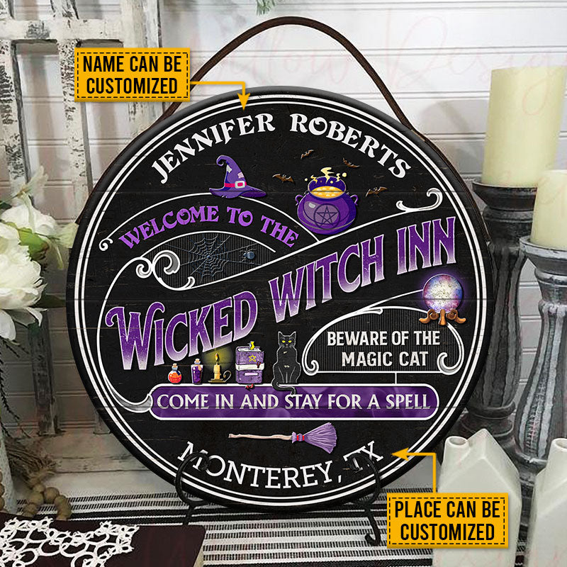 Witch Inn Black Cat Stay For A Spell Black Custom Wood Circle Sign, Witch Decor, Witchy, Goth, Witch Sign, Halloween Sign, Halloween Gift