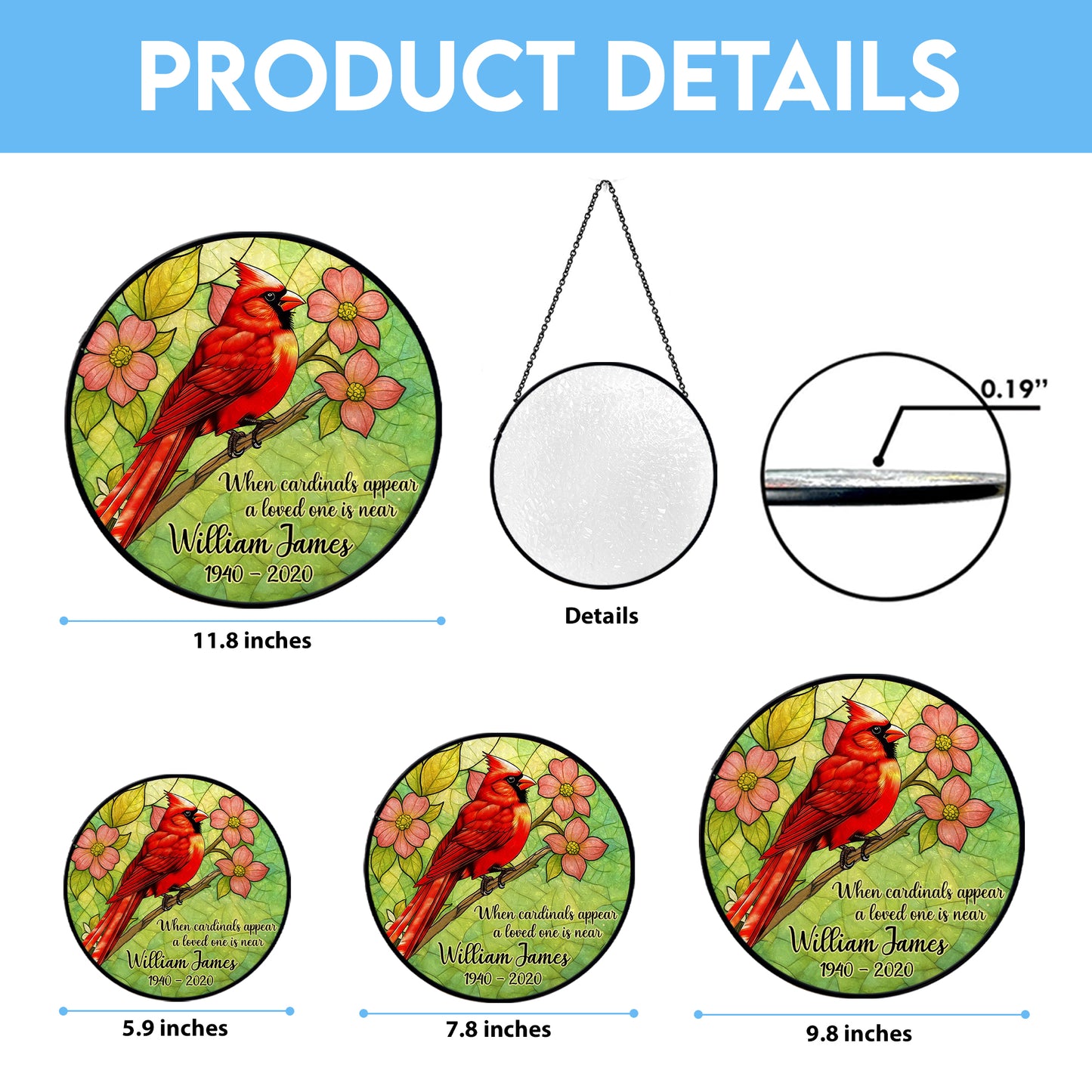 Personalized Cardinal Memorial Suncatcher β Custom Name & Dates β When Cardinals Appear a Loved One Is Near (Sun-94)
