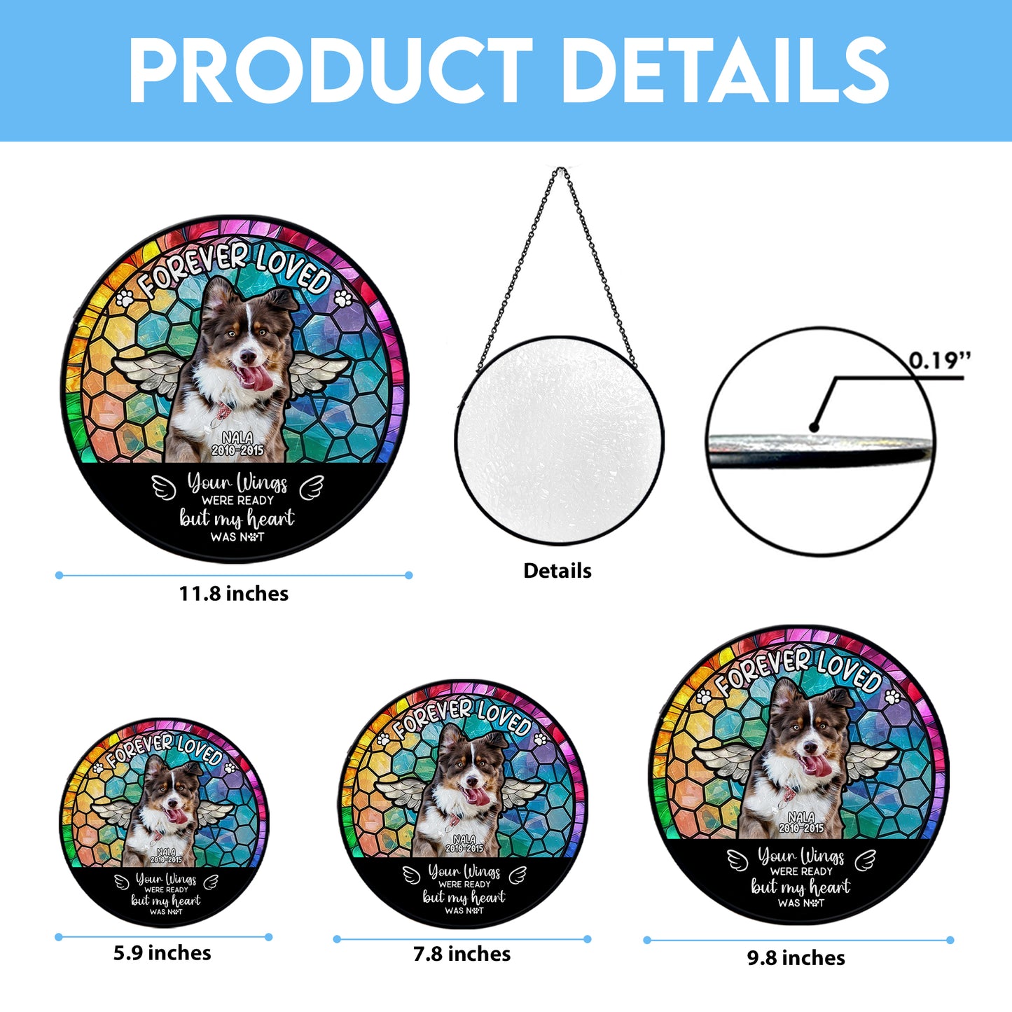Personalized Pet Memorial Glass Suncatcher – Dog Loss Gift with Name and Dates – ‘Your Wings Were Ready’ Rainbow Window Hanging (Sun-89)