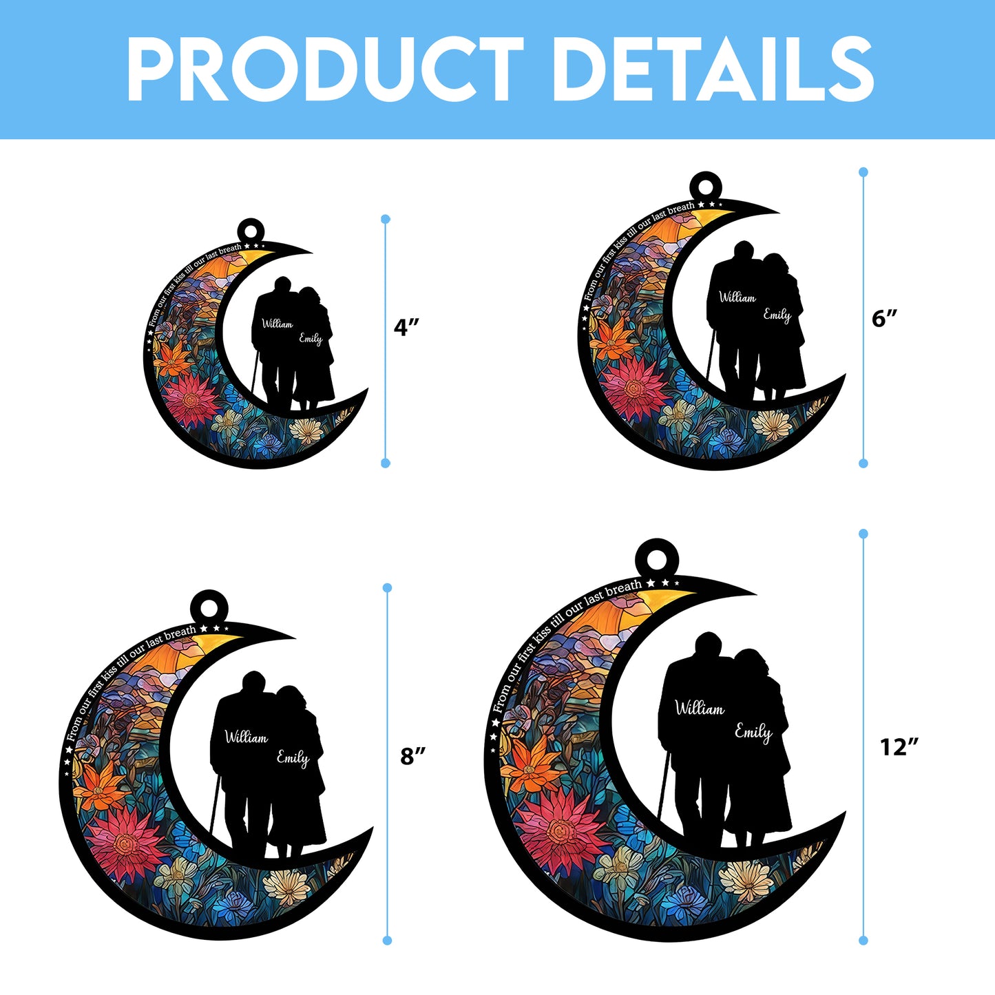 Personalized Couple Moon Suncatcher, Stained Glass Style Window Hanging, Custom Names Anniversary Gift, Romantic Crescent Moon Decor, Wedding Gift for Wife Husband (H-Sun-27)