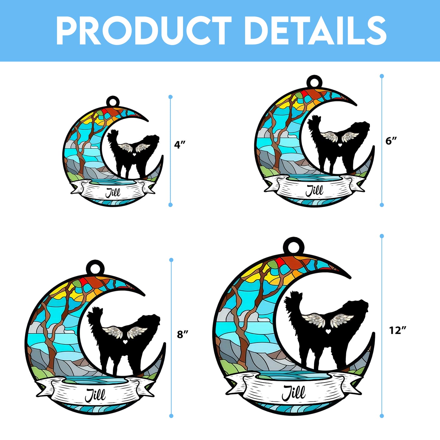 Personalized Pet Memorial Hanging Suncatcher β Crescent Moon with Angel Dog Silhouette, Name Banner, and Fairy Tale Castle Design (H-Sun-28)