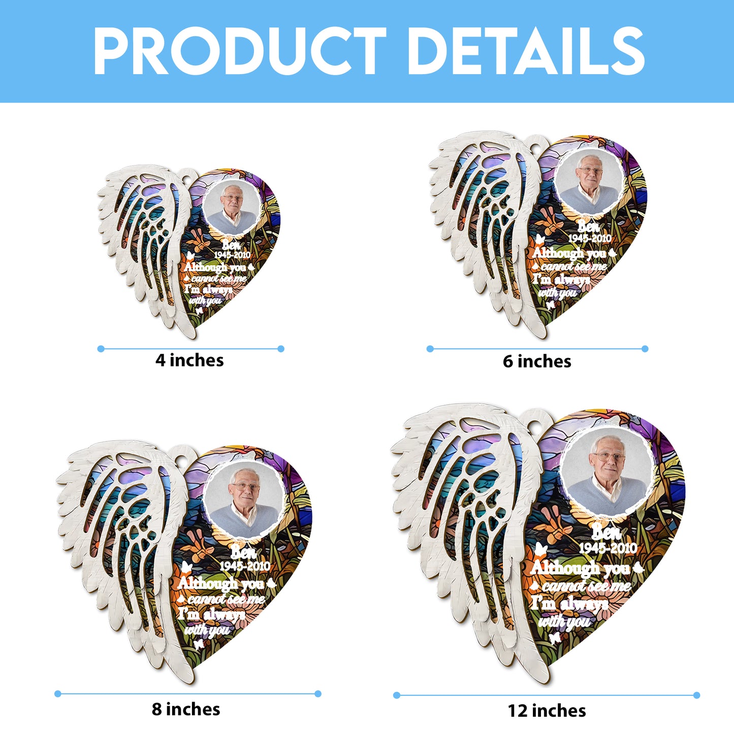 Custom Photo Glass Suncatcher with Angel Wings β A Beautiful Window Hanging to Remember a Loved One Taken Too Soon (H-Sun-18)