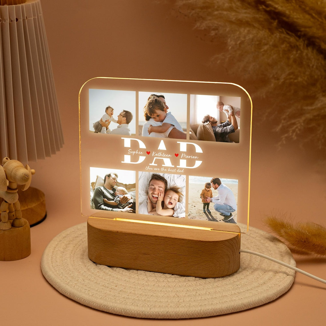 Personalized Dad Night Light Gifts, Custom Photo Collage Night Light, Birthday Gifts for Dad Grandpa, Gift from Daughter, LED Light with Kids Names (DNL-28)