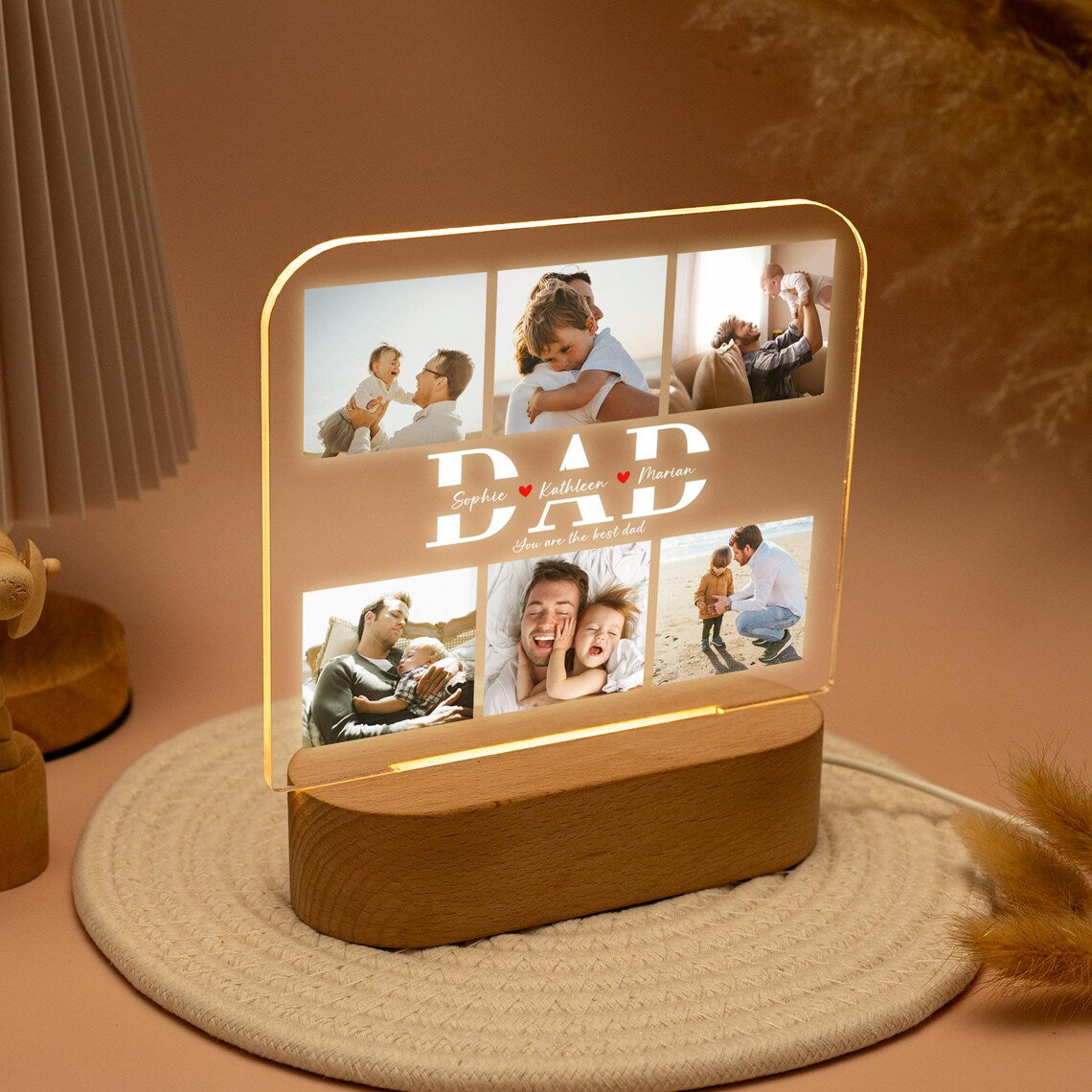 Personalized Dad Night Light Gifts, Custom Photo Collage Night Light, Birthday Gifts for Dad Grandpa, Gift from Daughter, LED Light with Kids Names (DNL-28)