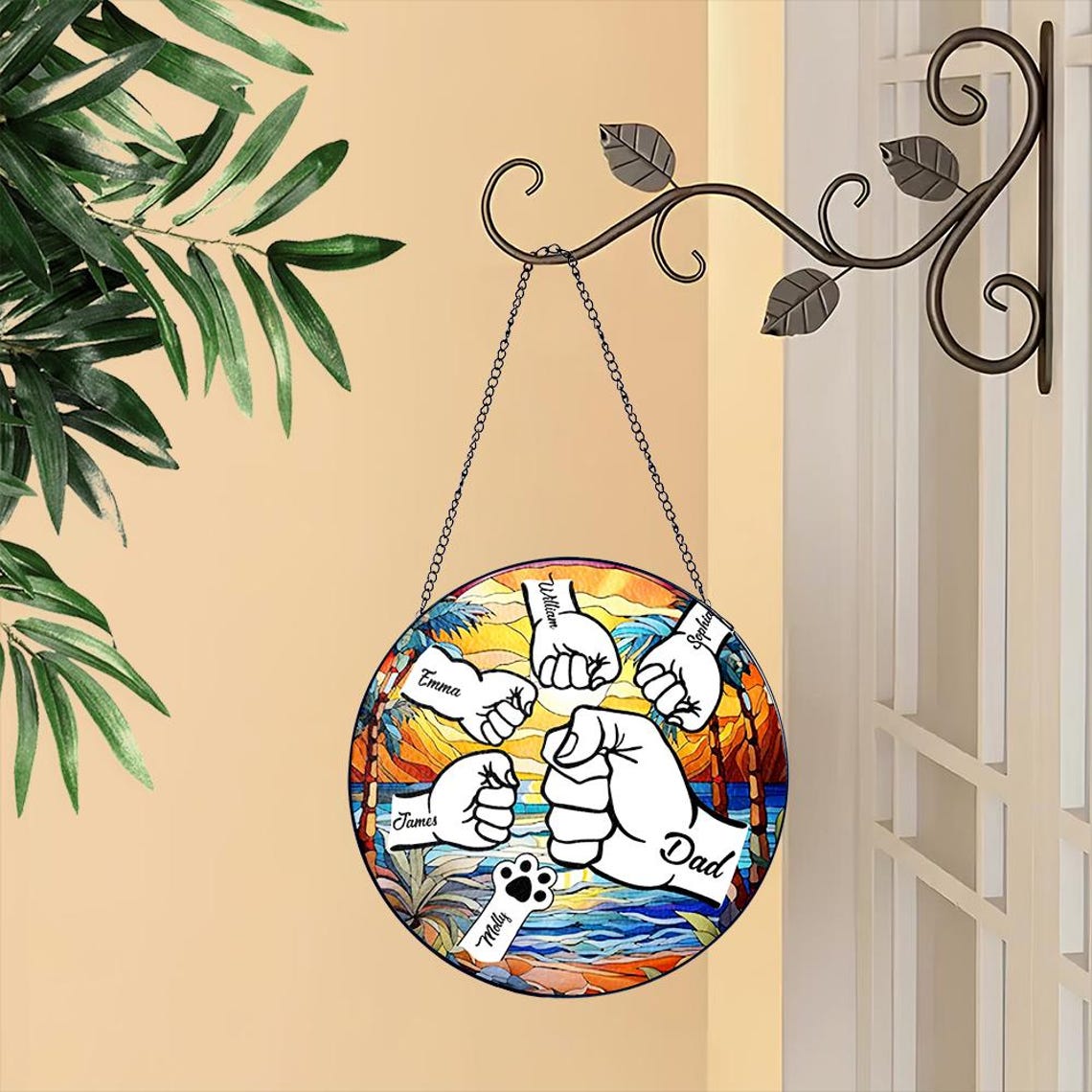 Custom Fist Bump Dad Glass Suncatcher, Custom Dad With Kids Names, Family Name Glass Suncatcher Window Hanging, Father's Day Gift (Sun-128)