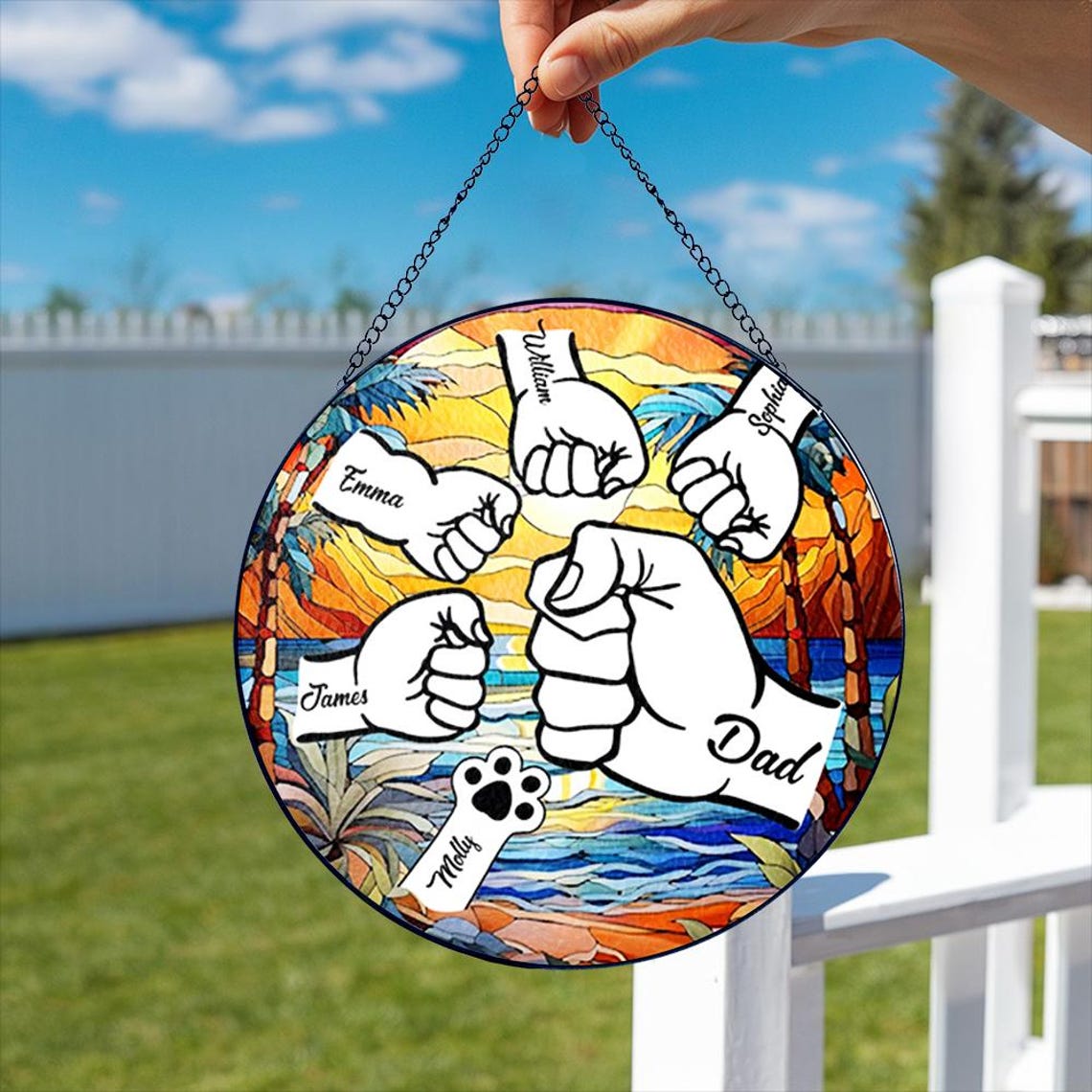 Custom Fist Bump Dad Glass Suncatcher, Custom Dad With Kids Names, Family Name Glass Suncatcher Window Hanging, Father's Day Gift (Sun-128)