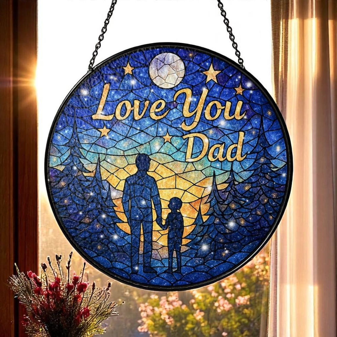 Celestial Father Daughter Glass Suncatcher, Round Window Hanging Decor, Love You Dad Gift, Father's Day Glass Suncatcher, Dad Gift Idea (Sun-144)