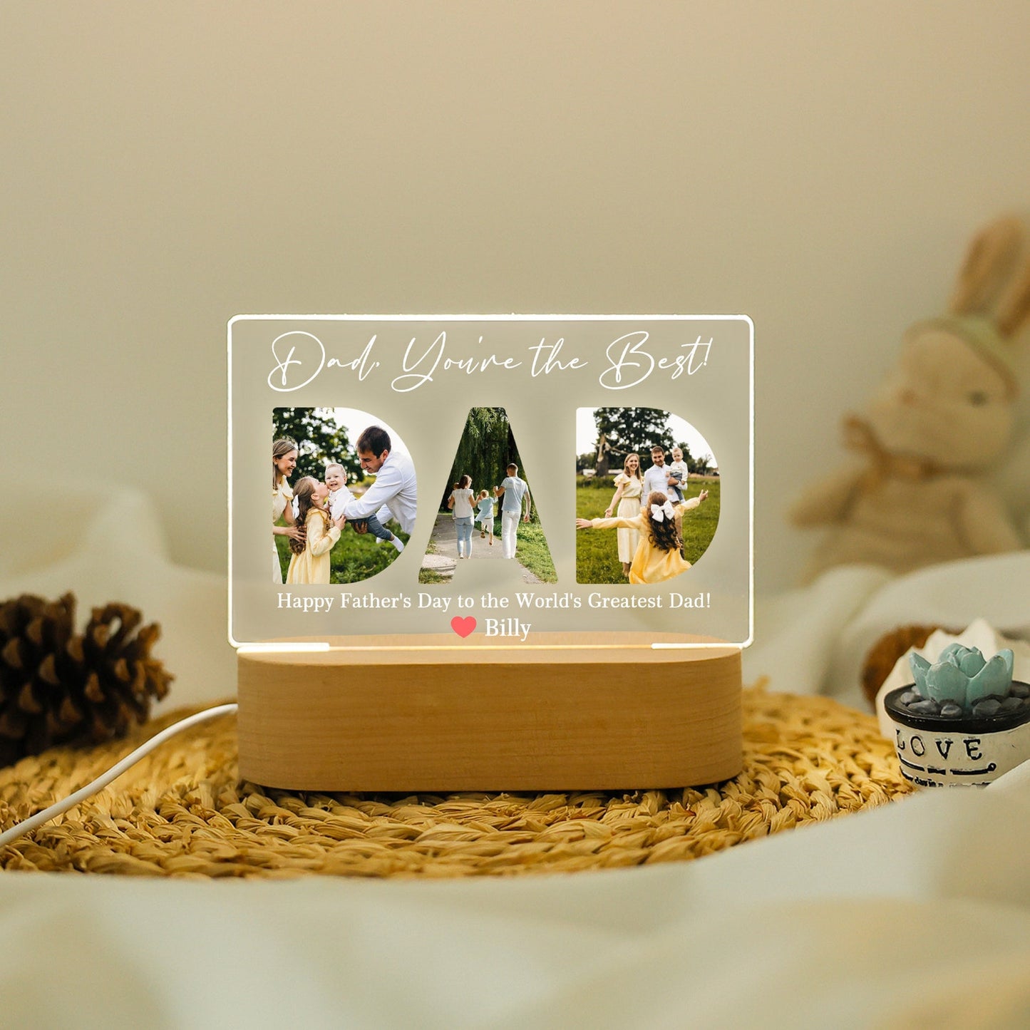 Dad Night Light with Personalized Photo Collage, Custom LED Gift for Fatherās Day or Birthday, Best Dad Ever Gift for Husband from Kids (DNL-10)