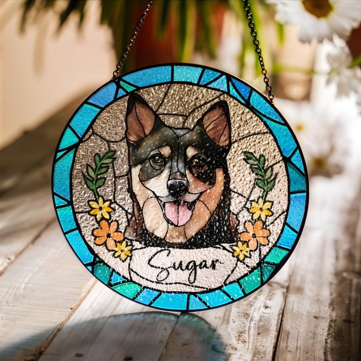 Custom Pet Portrait Stained Glass Suncatcher, Custom Dog Portrait From Photo, Stained Glass Dog Memorial, Stained Glass dog, Sympathy Gifts (Sun-71)