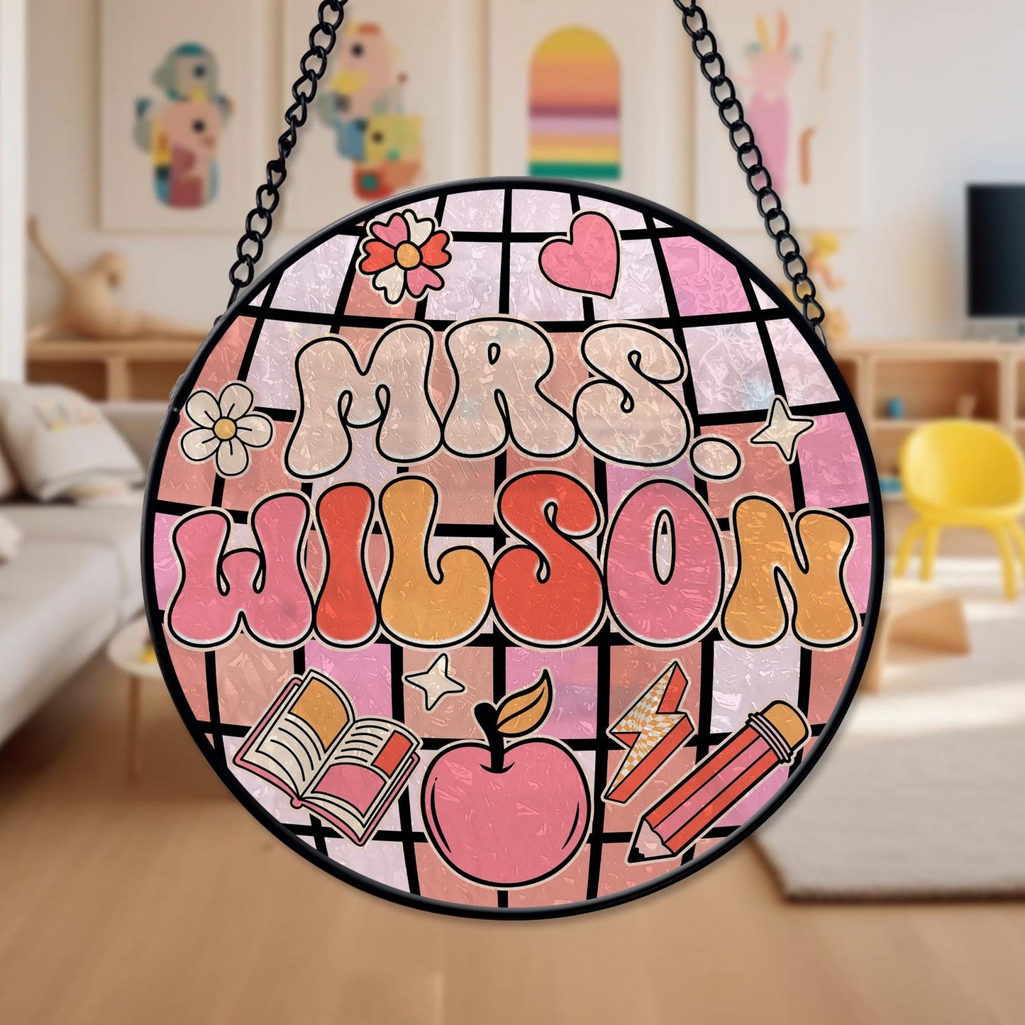 Teacher Stained Glass Suncatcher, Teacher Round Suncatcher, Name Gift for Teacher, Disco Ball Classroom Decor, Indoor Class Window Hanging (Sun-115)
