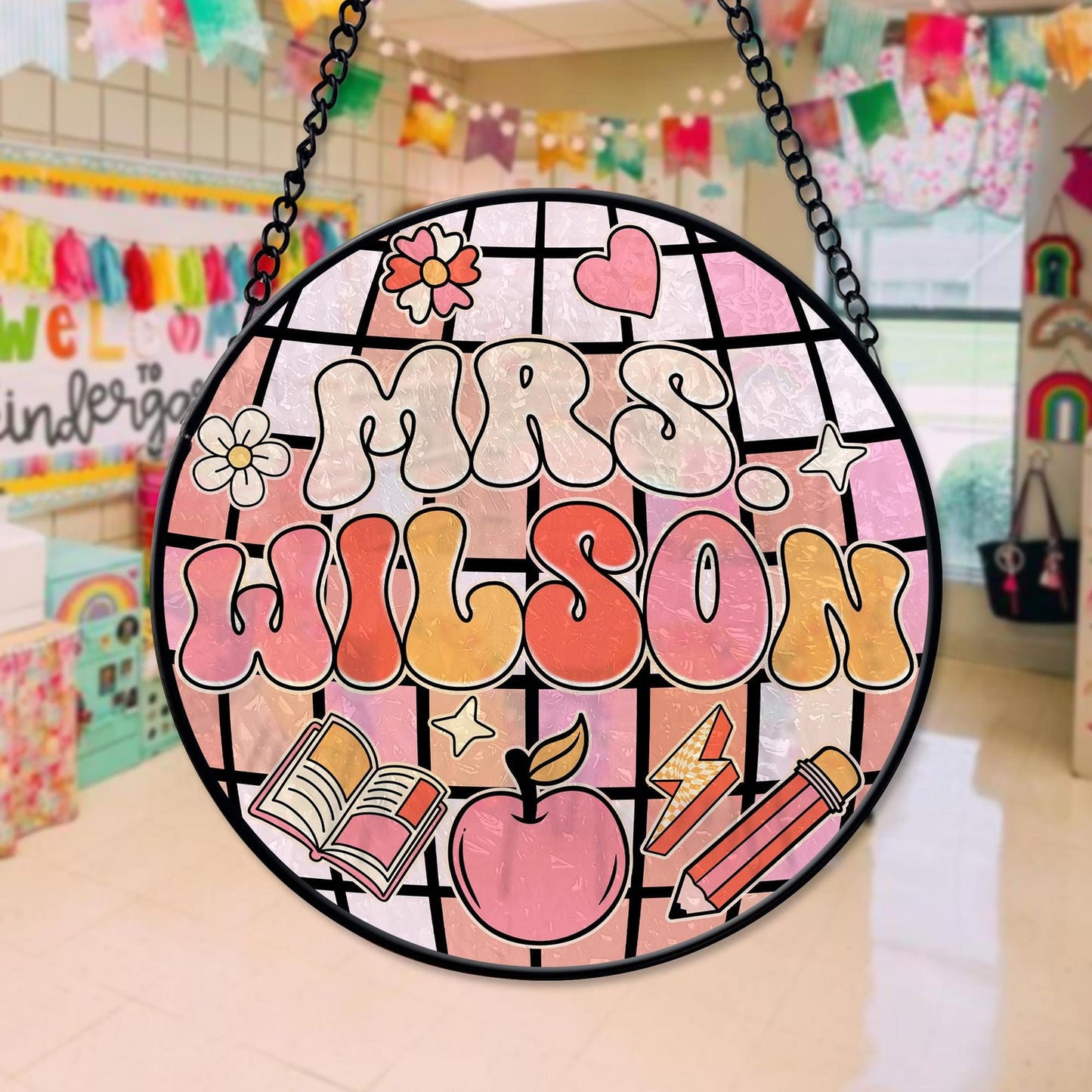 Teacher Stained Glass Suncatcher, Teacher Round Suncatcher, Name Gift for Teacher, Disco Ball Classroom Decor, Indoor Class Window Hanging (Sun-115)